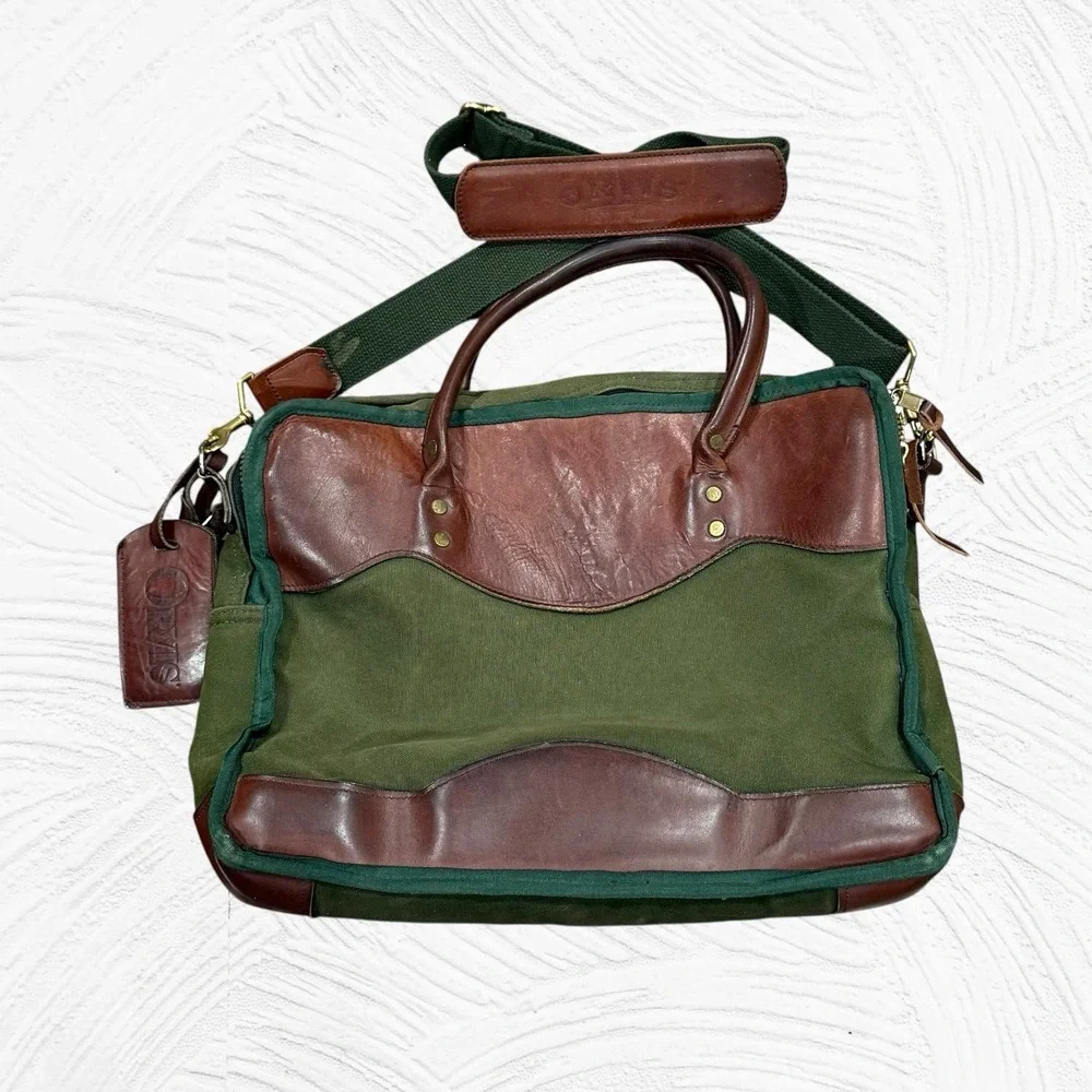 Vintage Orvis Battenkill Green Canvas Leather Briefcase Laptop Messenger Bag USA